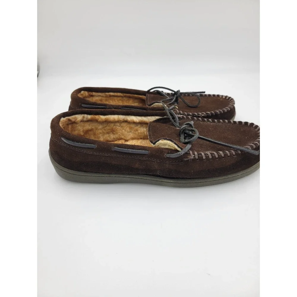 St. Johns Bay Moccasin Slippers Mens 13‎ M Brown Suede Leather Faux Fur Loafers - Picture 5 of 13